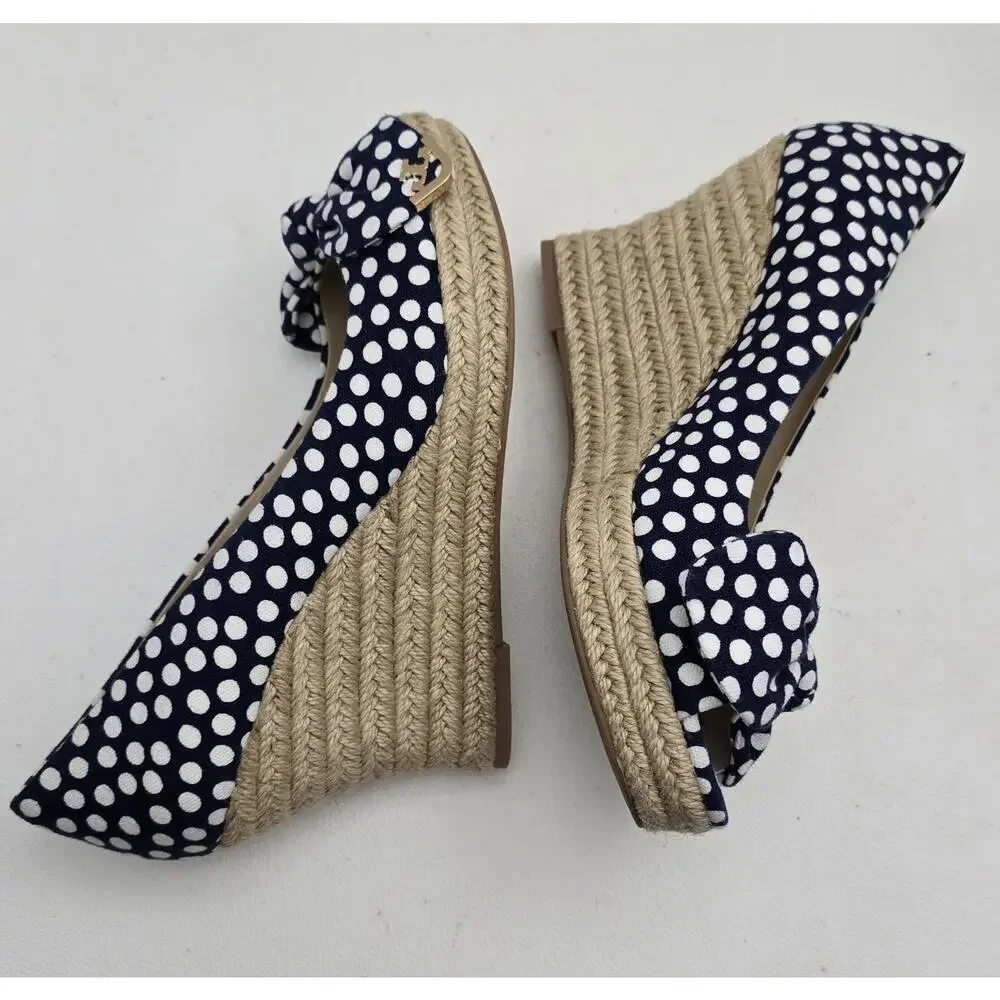 Tory Burch Dory Navy/White Polka Dot Wedge Espadrille Women's Bow Peep Toe Sz 9 - Picture 7 of 10